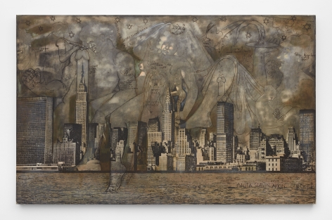 Anita Steckel, NY Skyline on Canvas #5 (Eat Your Power Honey, Before It Grows Cold), c. 1970–1972